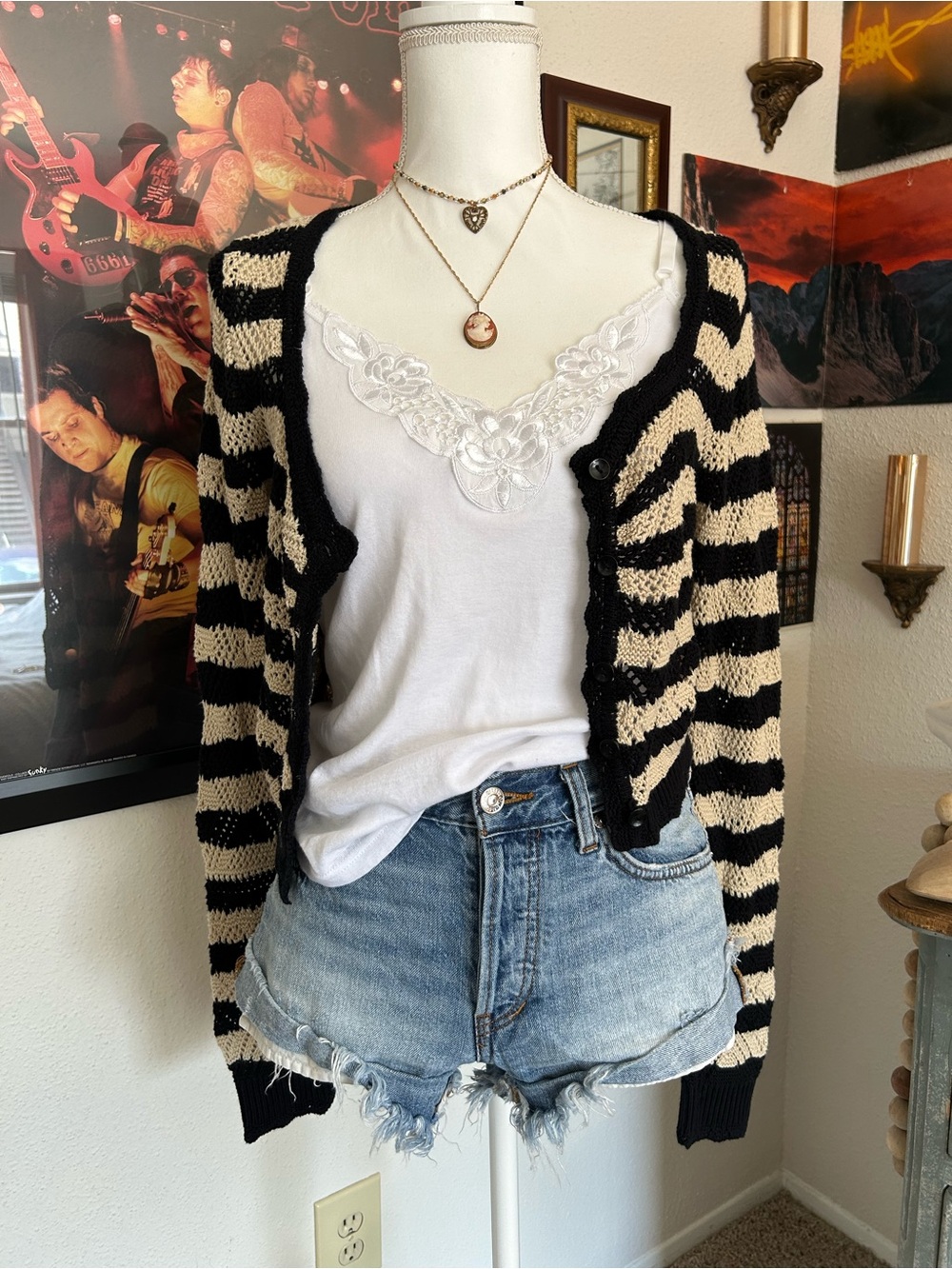 Vintage 90s Grunge Knit Cardigan Sweater Cropped Stripe Fairycore Cottagecore